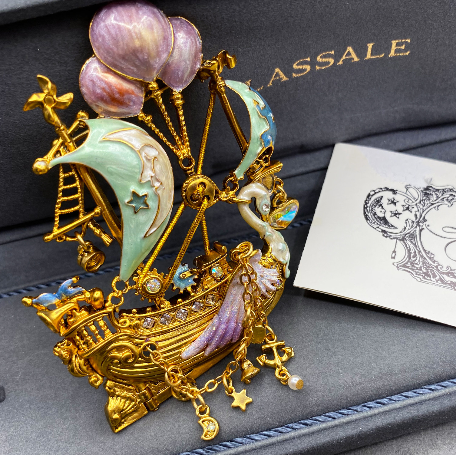 vintage复古董首饰kirks folly天鹅号月亮气球梦之船珐琅珐琅胸针