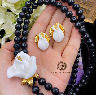 Vintage复古董首饰KJL双层树脂珠子黑白玫瑰项链耳钉套装