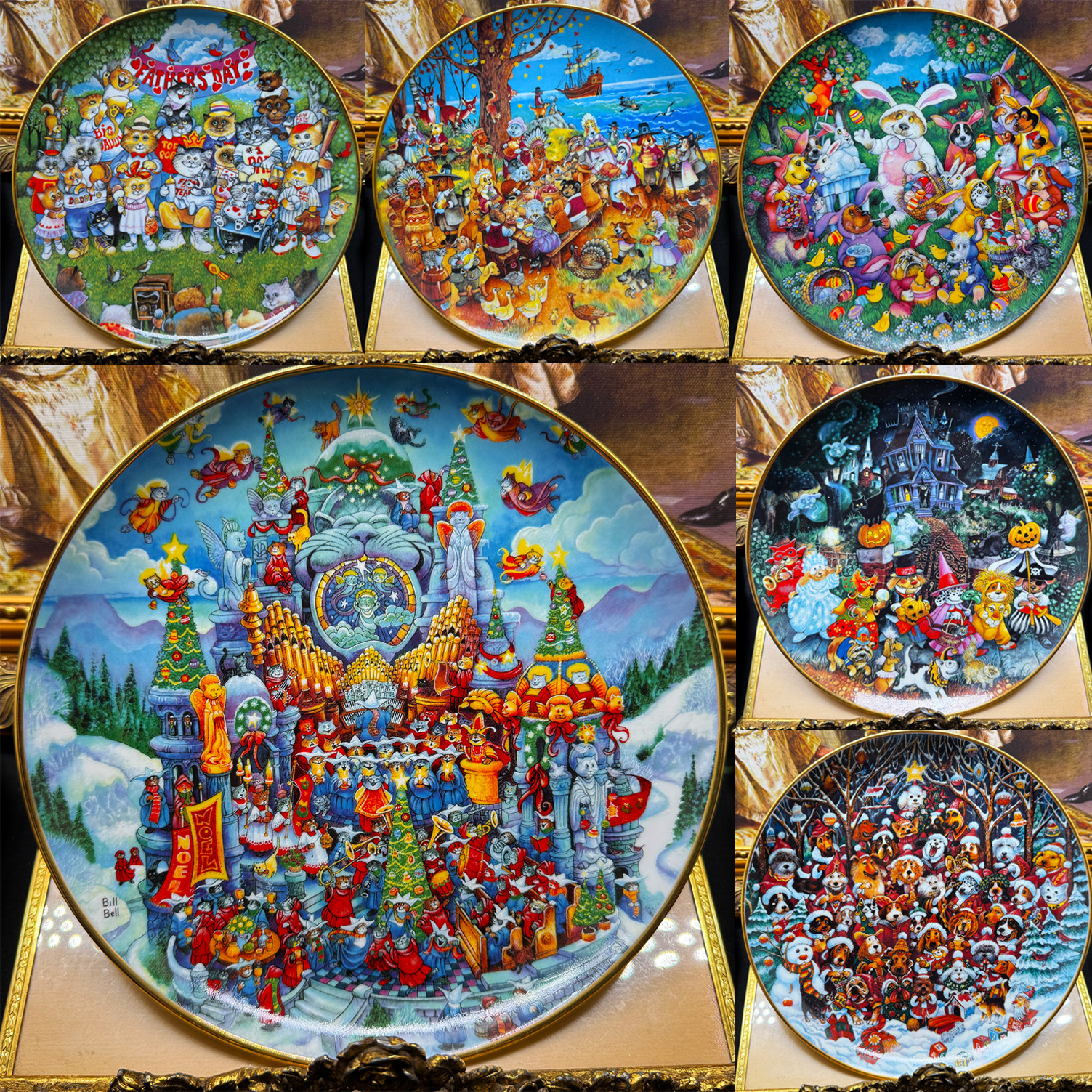 Vintage中古美国富兰克林造币厂BillBell猫咪神话绘画装饰盘子