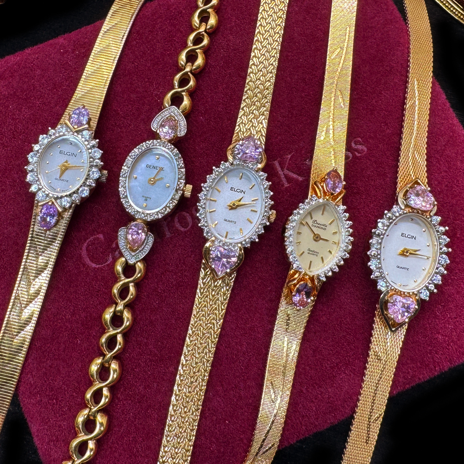 Vintage中古首饰ELGIN粉色爱心DEAUVILLE天然石石英表32