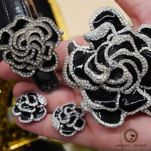 Vintage复古董首饰joan rivers珐琅水晶黑玫瑰牡丹花胸针石英表