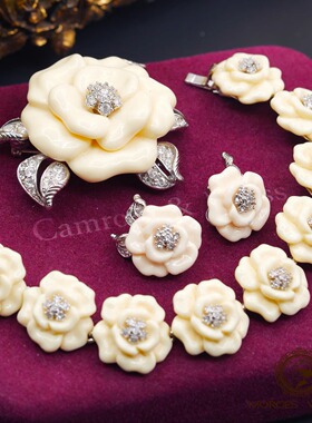 Vintage复古董首饰NOLAN MILLER白色树脂山茶花白红玫瑰胸针耳夹