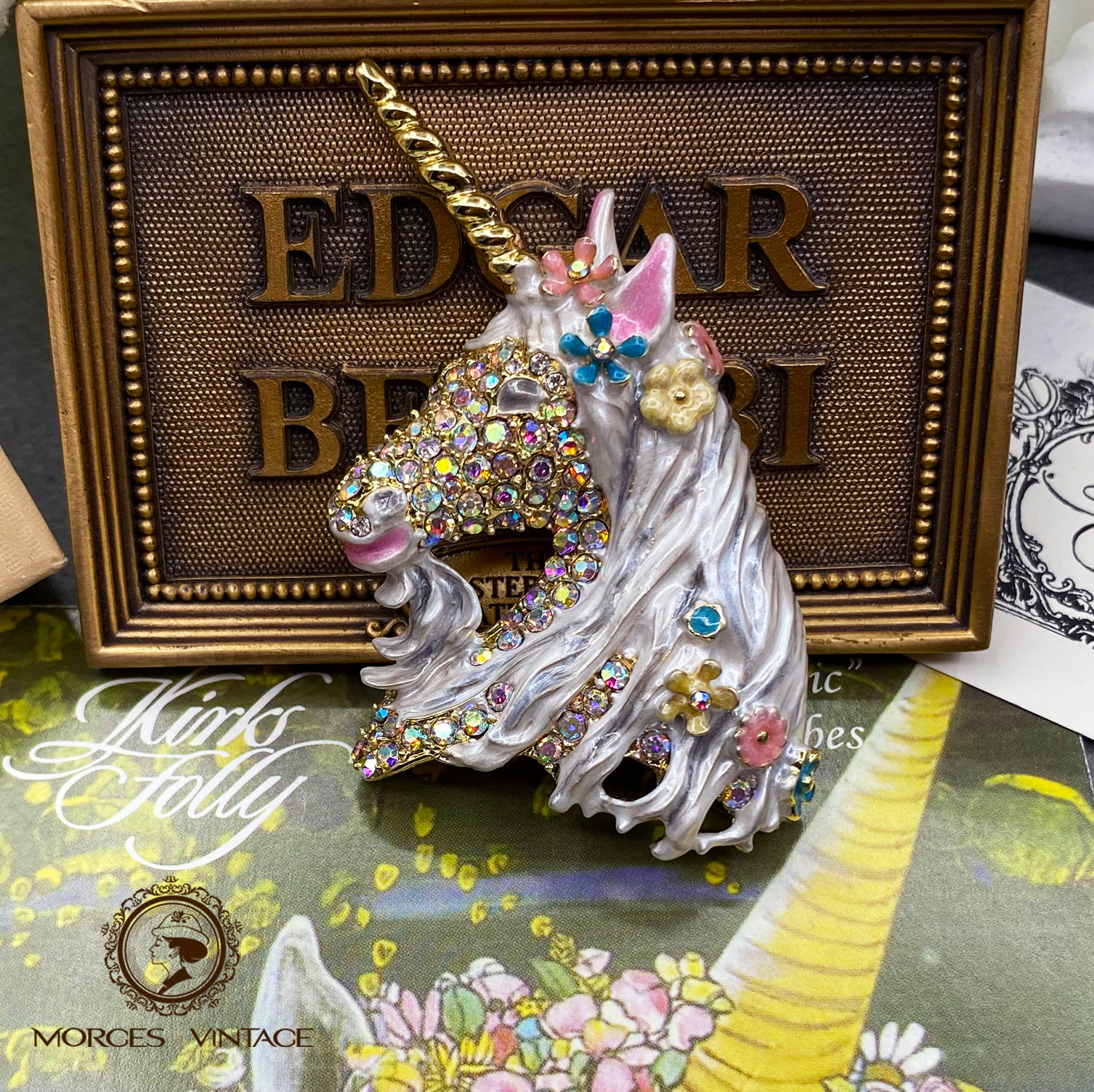 vintage复古董首饰kirks folly鲜花花环独角兽马珐琅幻彩胸针