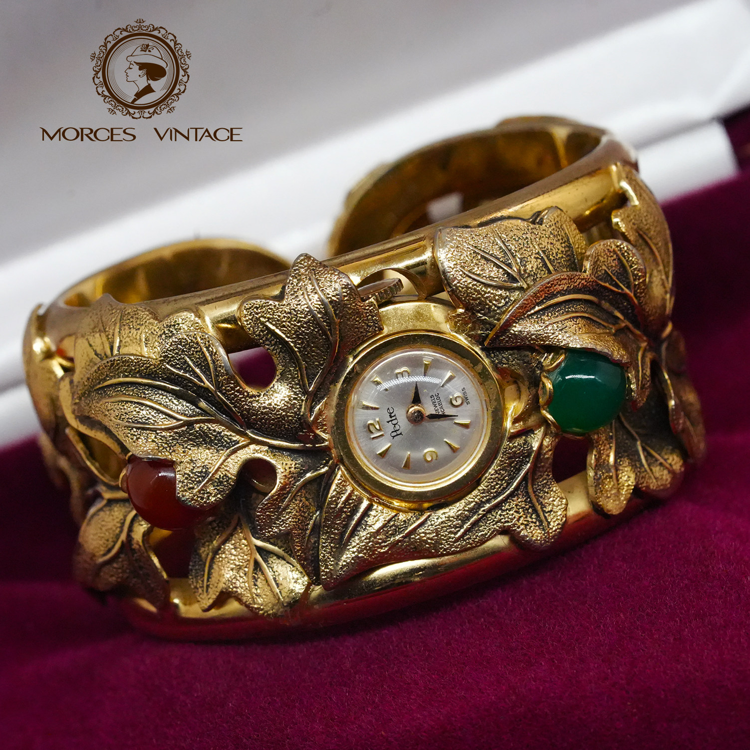 Vintage中古PEDRE60年代葡萄叶浮雕琉璃果实手动老机械镯子表