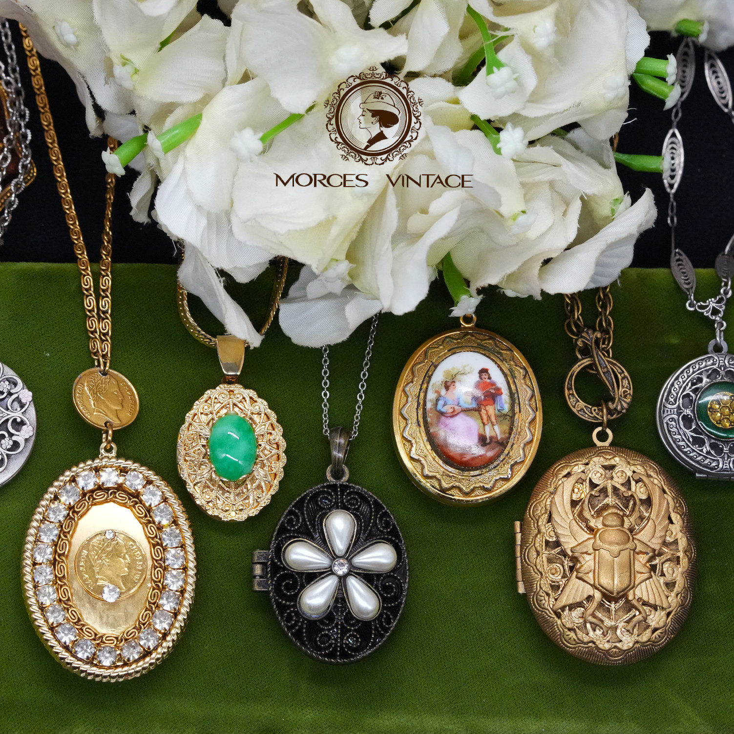 Vintage中古首饰奥地利水晶珐琅相片盒像片盒吊坠项链