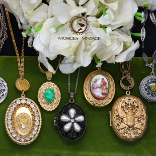 Vintage中古首饰奥地利水晶珐琅相片盒像片盒吊坠项链