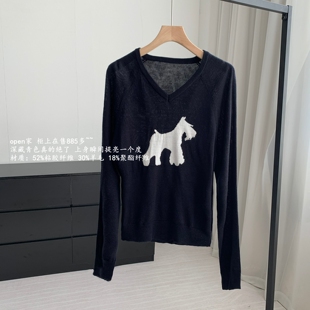 狗狗提花慵懒风V领套头针织衫 30%羊毛 毛衣女 @open ZHUCHUNXI