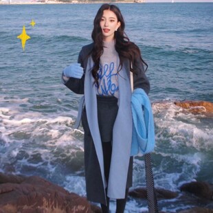 【Chunxi】@Sw 羊毛羊驼毛 法式浴袍式腰带连帽撞色双面呢大衣女