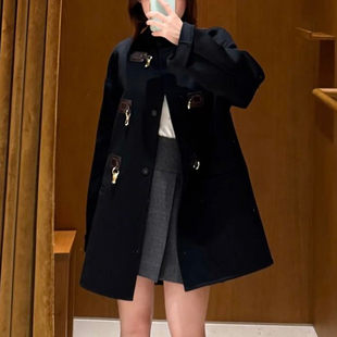 【Chunxi】100绵羊毛 复古立领皮革金属搭扣双面呢大衣毛呢外套女