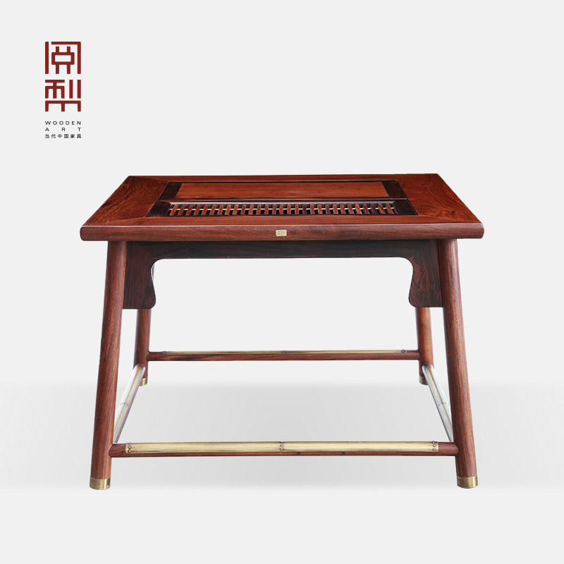 阅梨家用简约现代新中式实木泡茶 非洲花梨木黄铜包脚 耳顺茶台