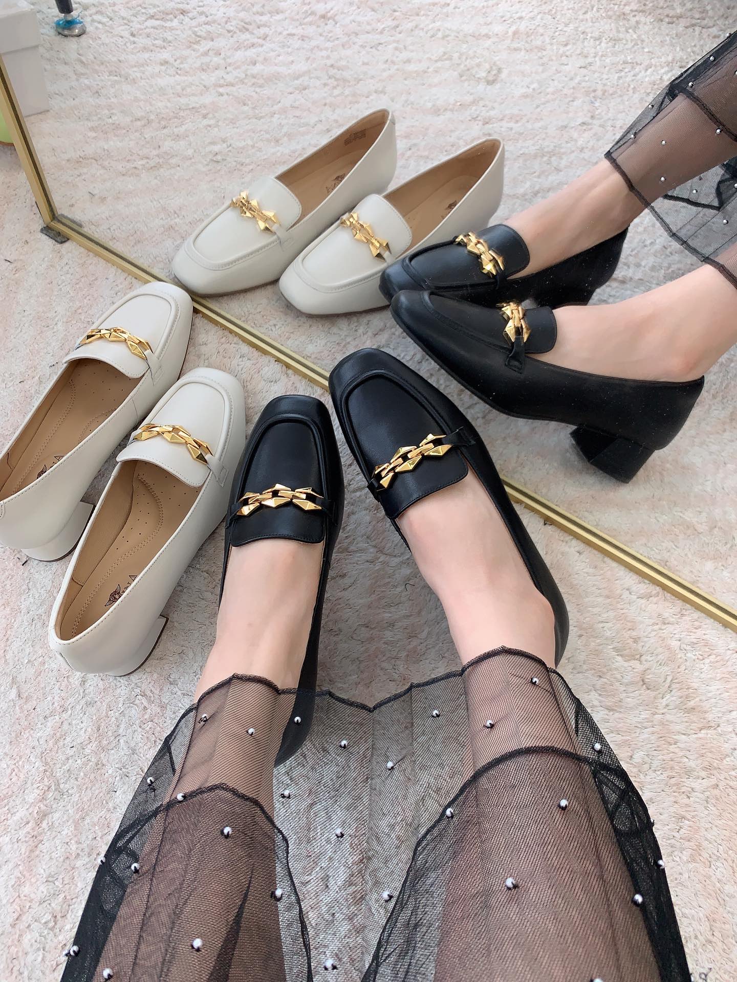 复古方头英伦风小皮鞋女秋新款真皮粗低跟乐福鞋平底单鞋子