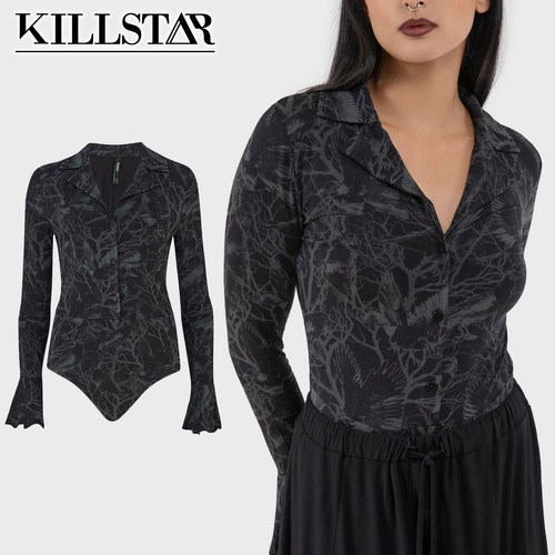 吉儿英国Killstar哥特Morgause阿瓦隆女王乌鸦印花长袖衬衫连体衣