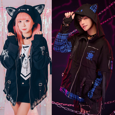 吉儿朋克】原创抽卡猫NEET自宅警备员铺棉格纹耳朵可拆袖连帽外套