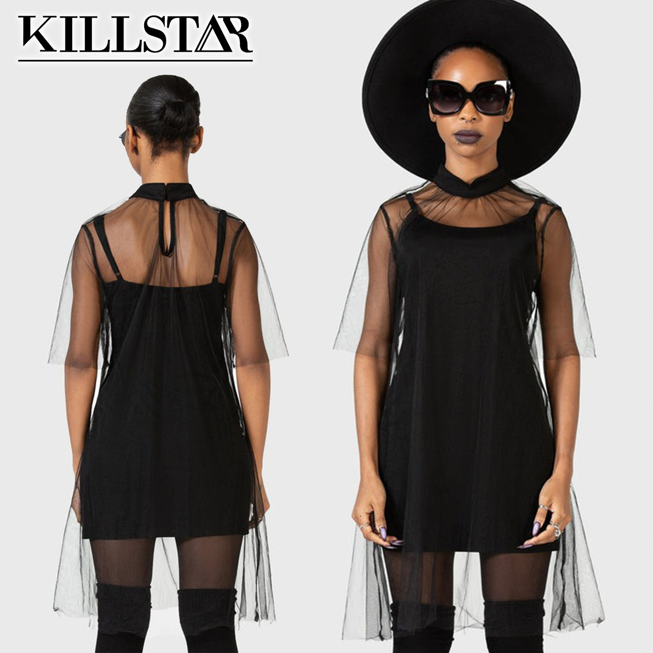 朋克短袖连衣裙纯色罩纱假两件