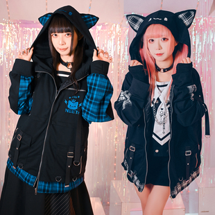 吉儿朋克】原创抽卡猫NEET自宅警备员铺棉格纹耳朵可拆袖连帽外套