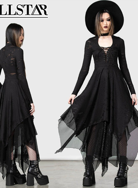 吉儿朋克】英国Killstar朋克BONELAND颈圈不规则长袖割破连衣裙