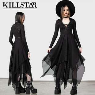 吉儿朋克】英国Killstar朋克BONELAND颈圈不规则长袖割破连衣裙