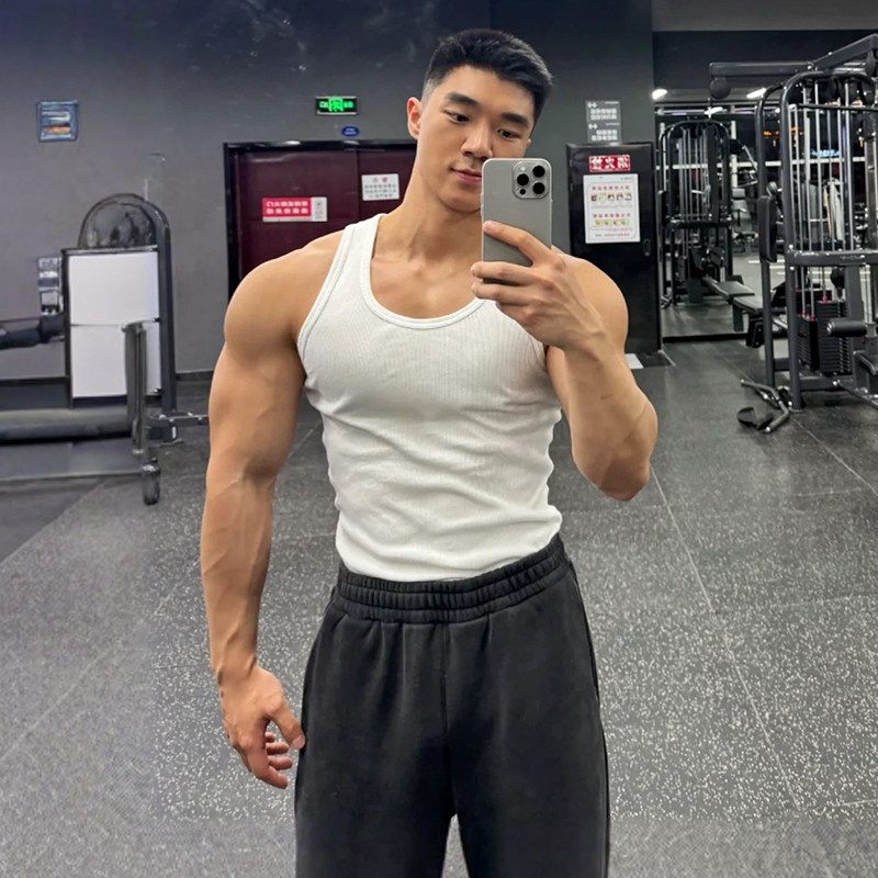 美式重磅螺纹棉质运动健身背心男士夏季修身弹力显肌肉训练打底衫