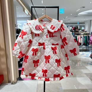 韩国代购BEBEDEPINO贝贝品诺儿童可爱蝴蝶结娃娃领夹棉连衣裙