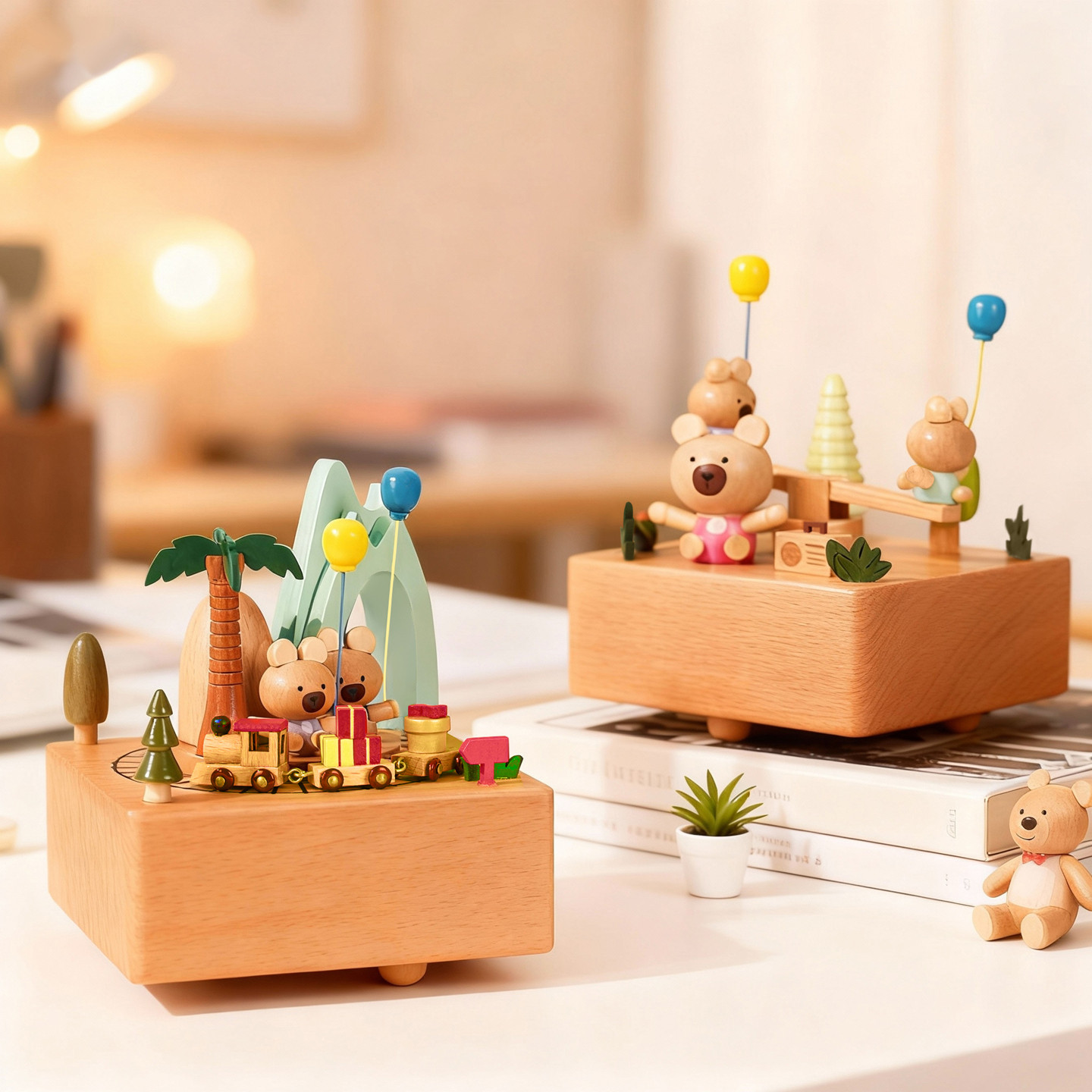 小熊跷跷板小火车音乐盒八音盒木质摆件儿童节女孩生日圣诞节礼物