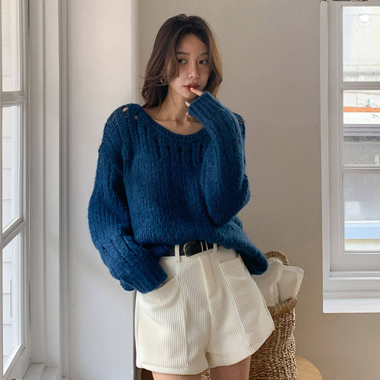 时尚起义韩国潮范2026春前后U领镂空粗针织宽松毛衣dp26012401