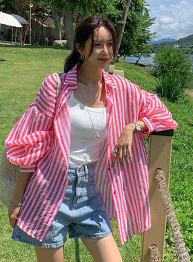 潮范后背贴布条纹宽松长袖衬衫
