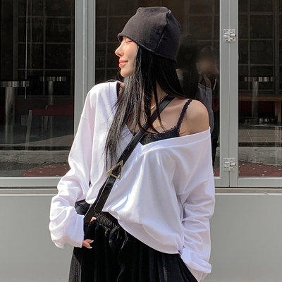 时尚起义大V领宽松长袖卫衣T恤