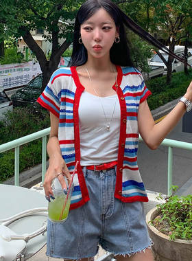 潮范拼色彩虹条纹短袖针织开襟衫