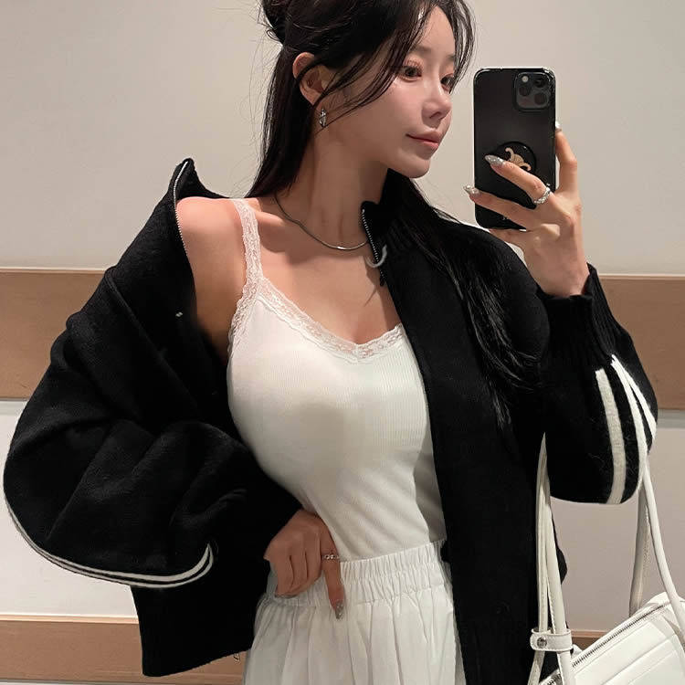 时尚起义韩国潮范2026春蕾丝花边杯垫螺纹弹力吊带背心dp26012003
