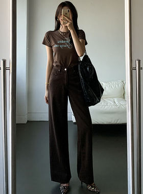 时尚起义韩国代购潮范2025秋新细腰宽臀棕色牛仔布长裤tm25081802