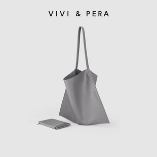 VIVI&PERA 2025新款托特包灰色单肩包包软皮上课大包大容量通勤包