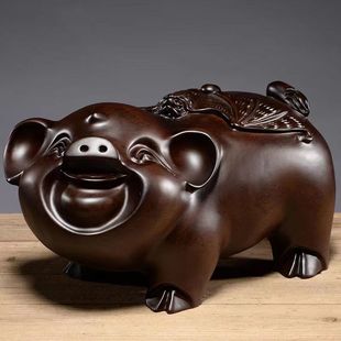 黑檀木雕猪摆件生肖福猪一对工艺品实木雕刻小猪红木家居饰品礼品