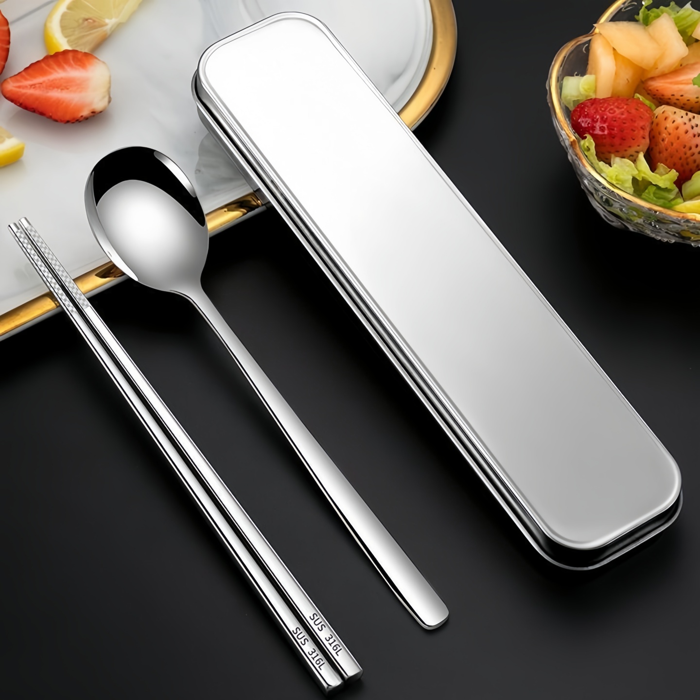 316L儿童筷子勺子不锈钢套装三件套单人装便携式餐具盒学生收纳盒