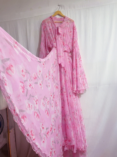 天丝雪纺大摆裙水袖 超长粉色锦丝皱面料20米大摆连衣裙