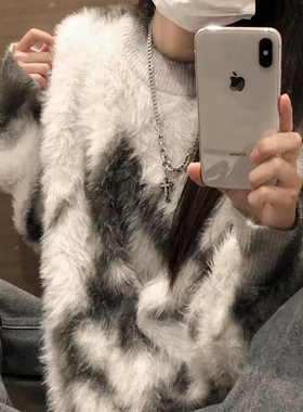 oversize！慵懒撞色水貂绒套头毛衣女春装新款韩版宽松加厚针织衫