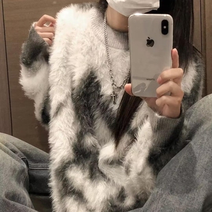 oversize!慵懒撞色水貂绒套头毛衣女秋季新款韩版宽松加厚针织衫