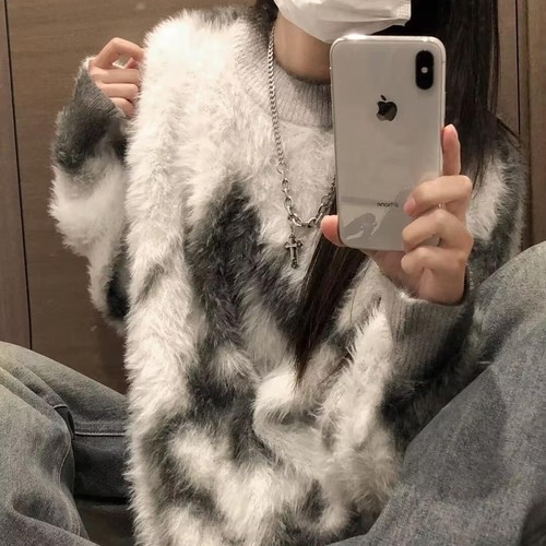 oversize！圆领撞色水貂绒毛衣