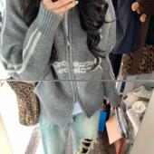 韩版 加厚版 新款 女外套春装 宽松针织上衣 棒球风翻领拉链毛衣开衫