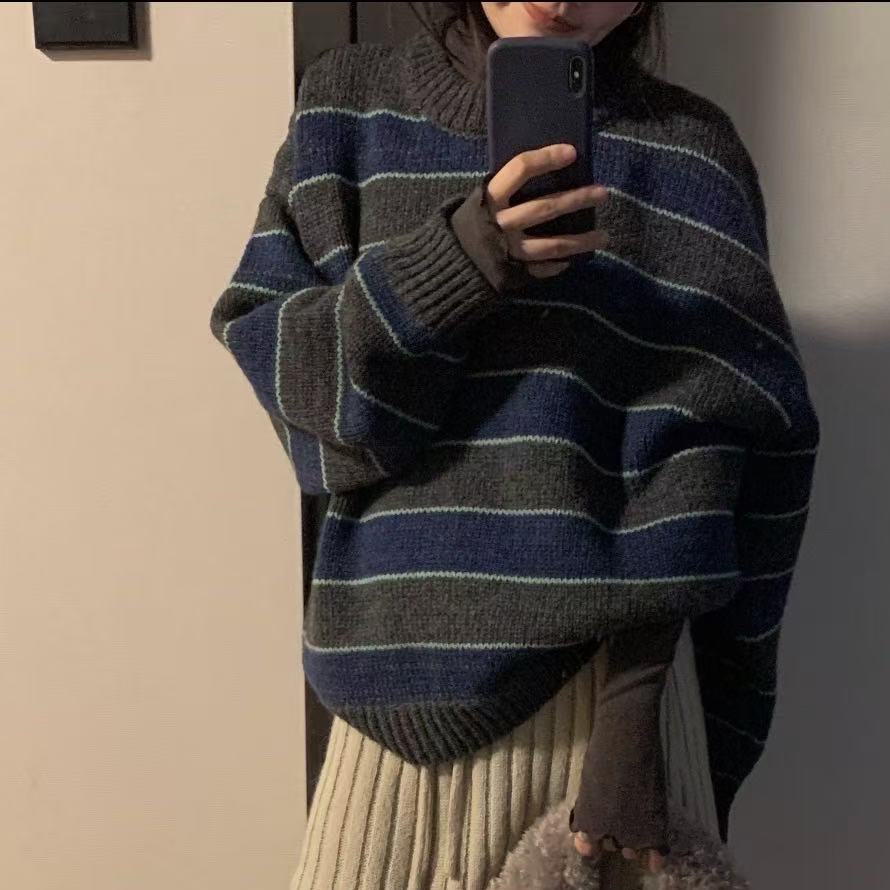 oversize!慵懒风条纹套头毛衣女秋冬新款韩版宽松百搭针织衫上衣