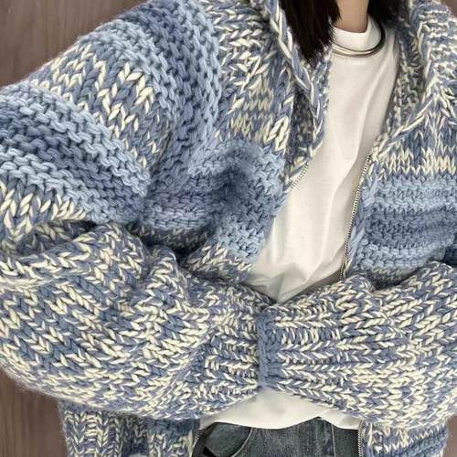 超重工！花色粗线连帽开衫