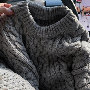 韩版 新款 宽松慵懒风针织上衣 灰色麻花粗针套头毛衣女冬季 加厚版