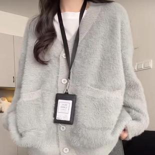 加厚版!雾霾灰水貂绒毛衣开衫女春装新款韩版宽松毛茸茸针织外套