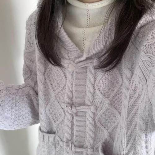 紫色单排扣连帽开衫毛衣