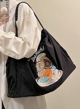 大容量！ins日系刺绣手提包单肩托特包2025帆布包拉链休闲包布袋