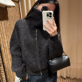 oversize 復古拉鏈高領毛衣開衫 女秋冬新款 寬松加厚針織外套 美式