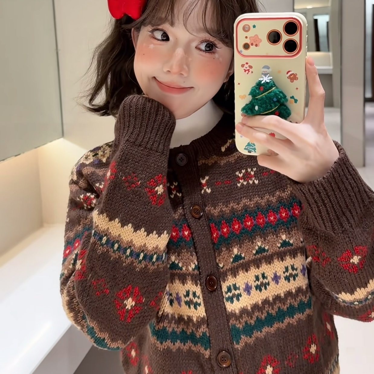 氛围感棕色费尔岛毛衣开衫