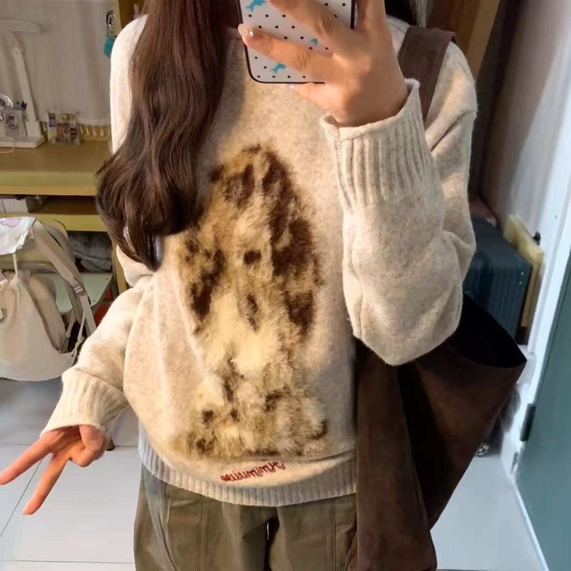 加厚版!软糯卡通水貂提花套头毛衣女秋冬新款韩版宽松针织衫上衣