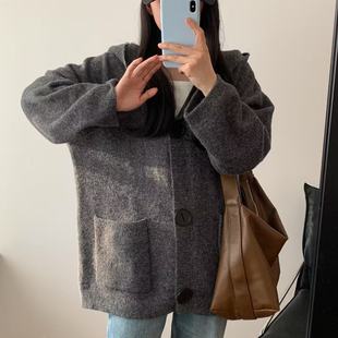 oversize 宽松单排扣针织外套 慵懒风连帽毛衣开衫 女2025秋冬新款