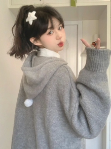 oversize!慵懒风灰色卡通连帽毛衣女秋冬新款韩版宽松学生针织衫