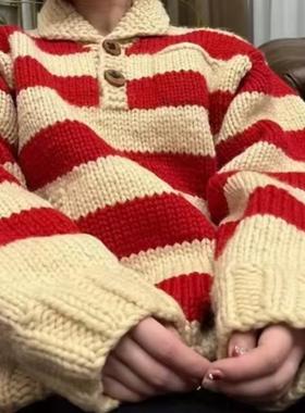 加厚版！慵懒红色条纹粗针翻领毛衣女冬季新款韩版宽松套头针织衫